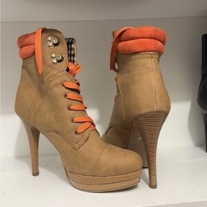 Tan and Orange High Heel Ankle Boots